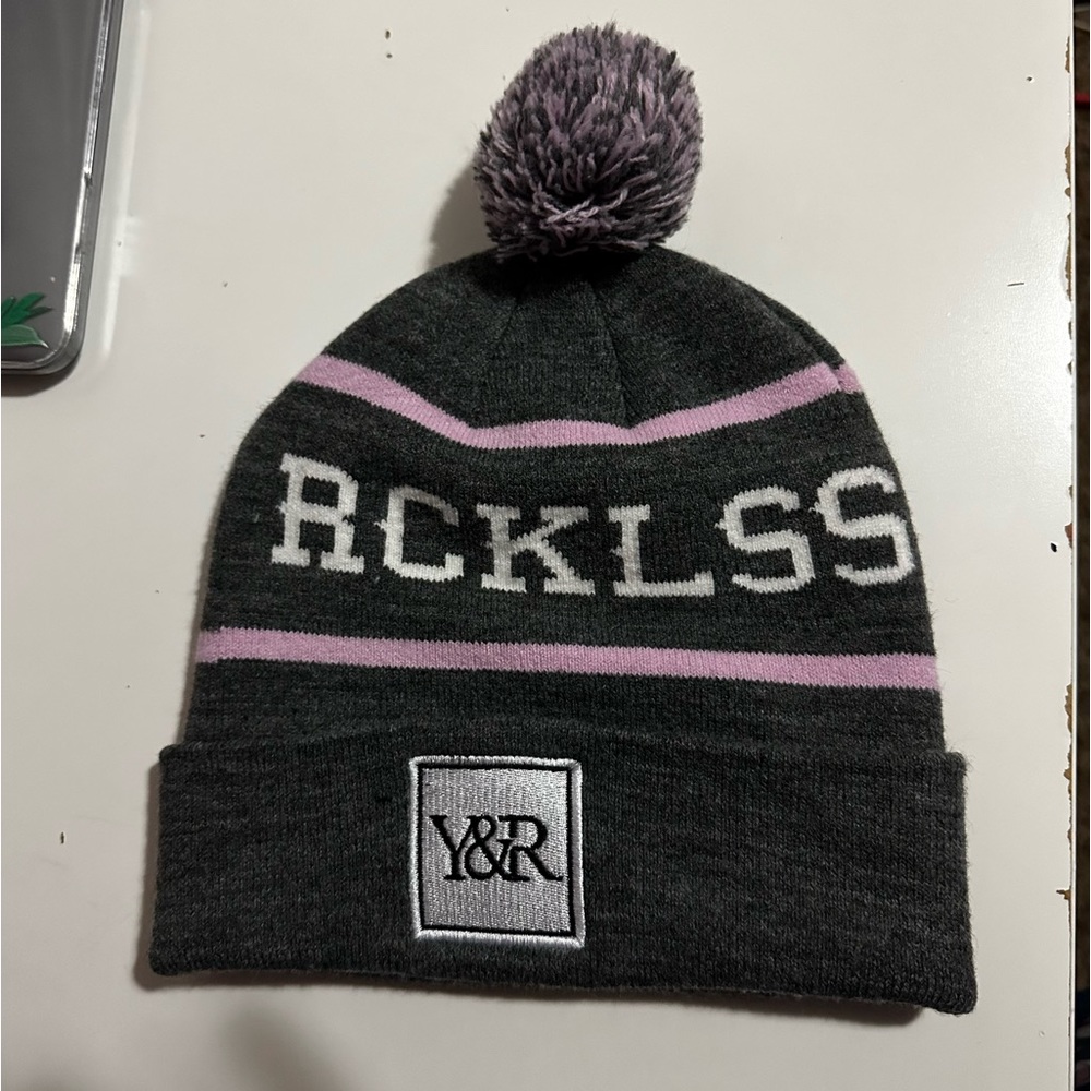 Young & reckless gray and purple beanie one size